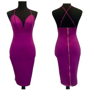 Bright purple deep V sweetheart neckline spaghetti strap bodycon bandage dress M